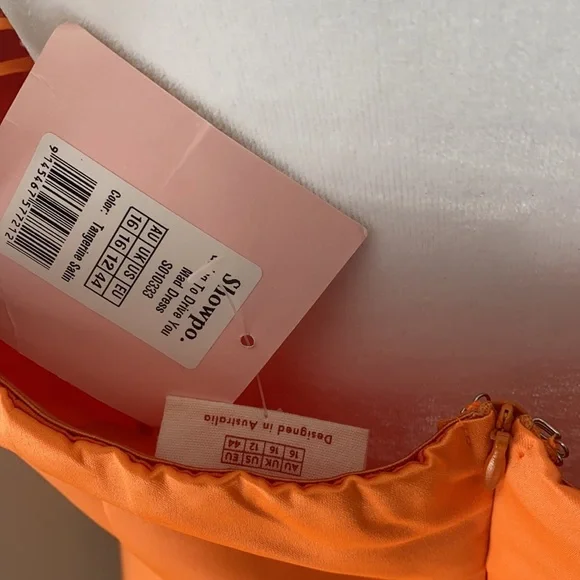NWT SHOWPO GOING TO DRIVE YOU MAD DRESS IN TANGERINE SATIN - Picture 7 of 7